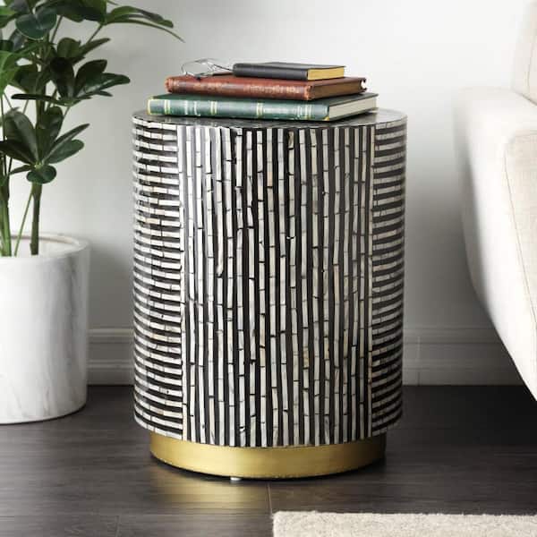 Litton Lane 18 in. Black Drum Large Round Shell End Table with Linear Mosaic Pattern and Gold Base