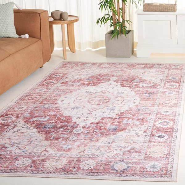 Arizona Light Red/Beige 4 ft. x 6 ft. Distressed Border Ornate Machine Washable Area Rug