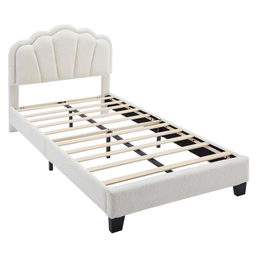 White Sherpa Fabric Upholstered Twin Platform Bed with LED Flower Headboard