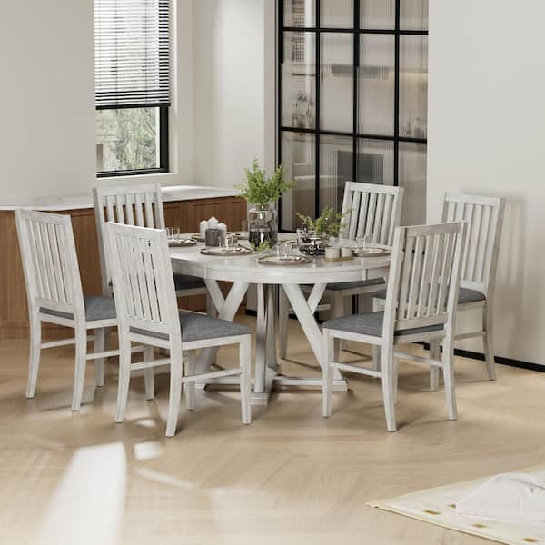 Extendable Round to Oval Dining Table Set with Cushioned Chairs, 7-Piece Solid Wood Kitchen Set Dining Set for 6 in Gray