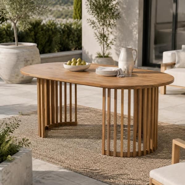 Mshliw Solid Acacia Wood Oval Outdoor Dining Table, Light Teak