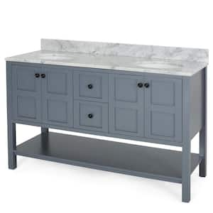 61 in. W x 22 in. D x 40 in. H Fully Assembled Double Sink Bath Vanity in Gray with White Marble Top, Backsplash