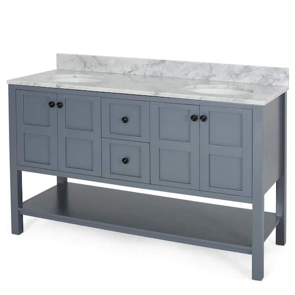 FAMYYT 61 in. W x 22 in. D x 40 in. H Fully Assembled Double Sink Bath Vanity in Gray with White Marble Top, Backsplash