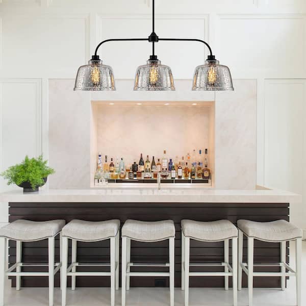 39 in. 3-Light Modern Matte Black Linear Chandelier with Textured Glass Shades for Kitchen Island