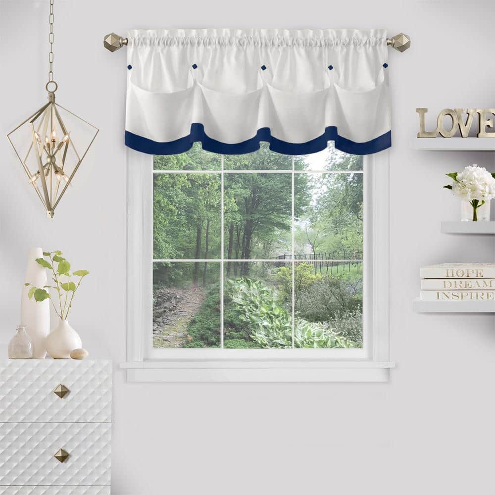 Navy and White Polyester Rod Pocket Valance with Diamond Buttons