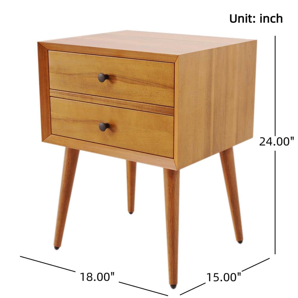 Natural Acacia Wood Mid-Century Modern 2-Drawer Nightstand