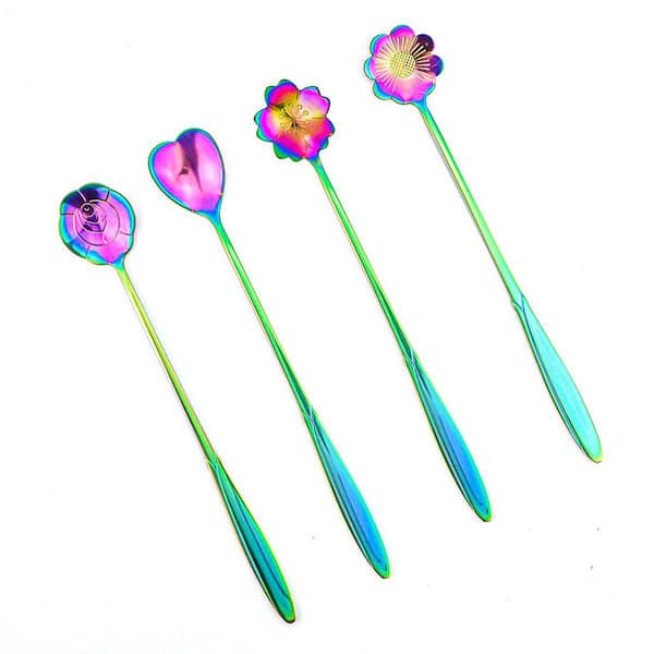 Flower Spoon Set of 4, 7 in Stainless Steel Specialty Flatware for Drinks and Desserts, Rainbow Finish
