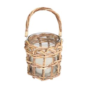Clear Glass Handmade Decorative Candle Lantern with Brown Rattan Woven Exterior and Twisted Handle