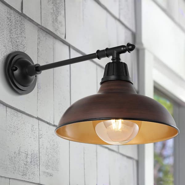 JONATHAN Y Wallace 12.25 in. Wood Finish/Copper 1-Light Farmhouse Industrial Indoor/Outdoor Iron LED Victorian Arm Outdoor Sconce