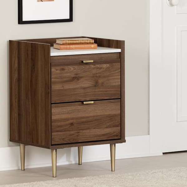 South Shore Hype 2-Drawer Natural Walnut and Carrara Marble Nightstand 28.5 in. H x 19.25 in. W x 16.25 in. D
