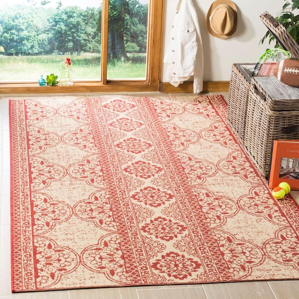 Linden Red/Cream 7 ft. x 7 ft. Tribal Striped Diamonds Indoor/Outdoor Square Area Rug