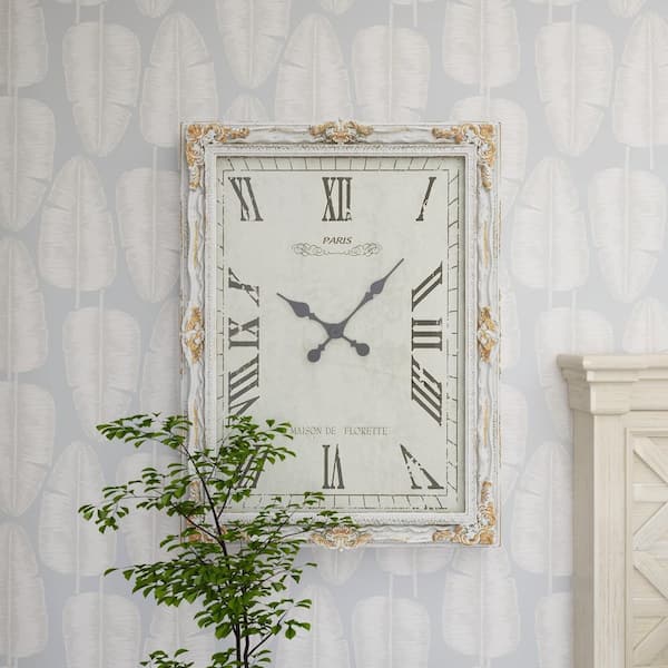 Litton Lane White Wood Carved Acanthus Floral Analog Wall Clock with  Distressing 20348 - The Home Depot