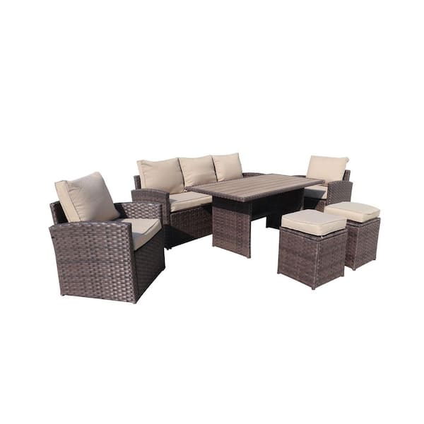 Willit 6-Piece Outdoor PE Rattan Sofa Set Patio Garden Wicker Dining and Coffee Sofa-Dark Brown Metal