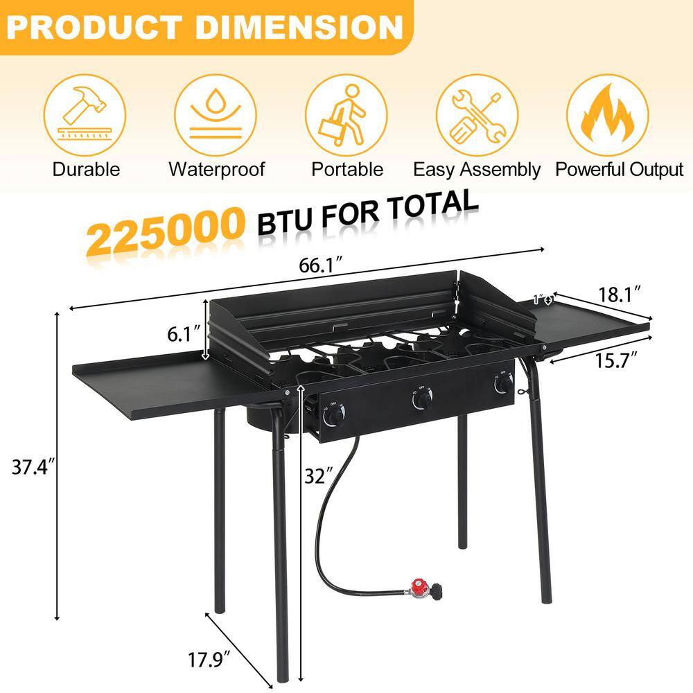 Portable Black 3-Burner Propane Gas Grill with Folding Shelves