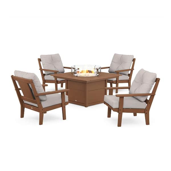 POLYWOOD Prairie 5-Pieces Plastic Patio Fire Pit Deep Seating Set in Teak with Dune Burlap Cushions