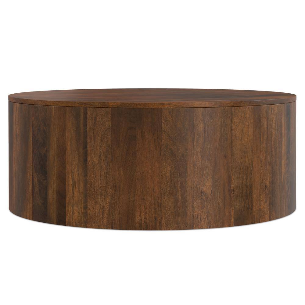 Millbury 36 in. Walnut Brown Wide Round Contemporary SOLID MANGO WOOD Drum Coffee Table, Fully Assembled