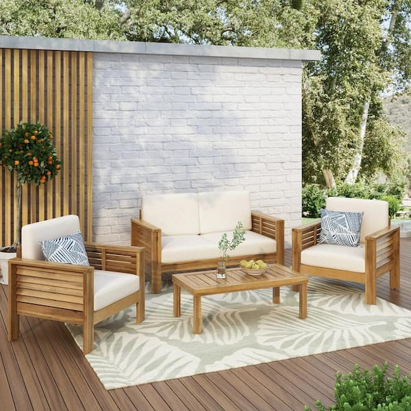 Brown 4-Piece Wood Outdoor Sectional Set with Cream Cushions