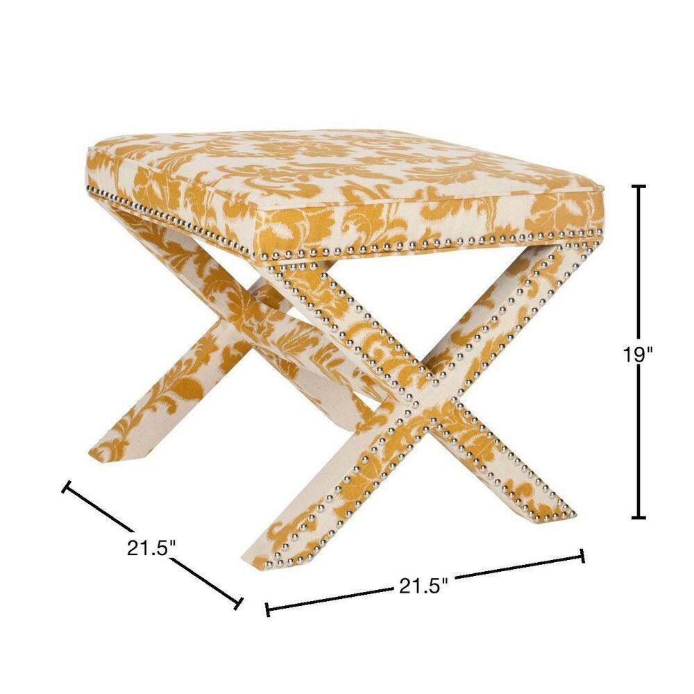 Maize and Beige Damask Pattern Upholstered Ottoman with Silver Nailhead Trim