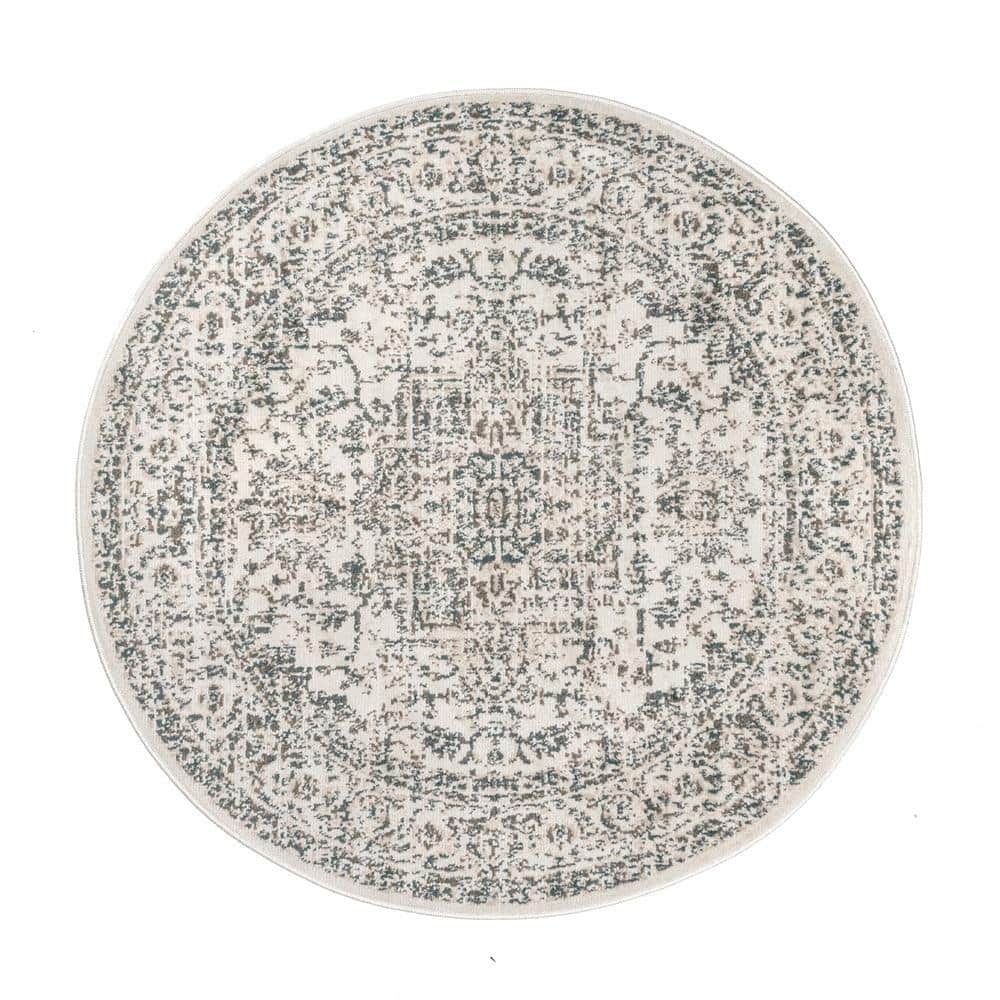 Tanith Cream and Gray Round Synthetic Medallion Rug, 5 ft