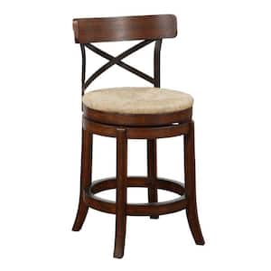 Mia 37.25 in. Brown Wood Swivel Counter Stool with Crossed Metal Back and Sedge Seat