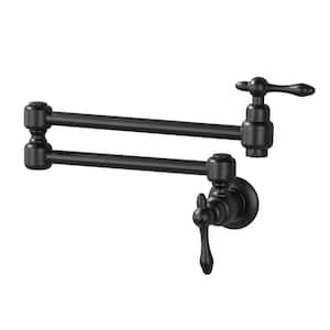 Wall Mount Pot Filler with 2-Handle Folding Kitchen Sink Faucet Swing Arm Modern Commercial Brass Tap in Matte Black