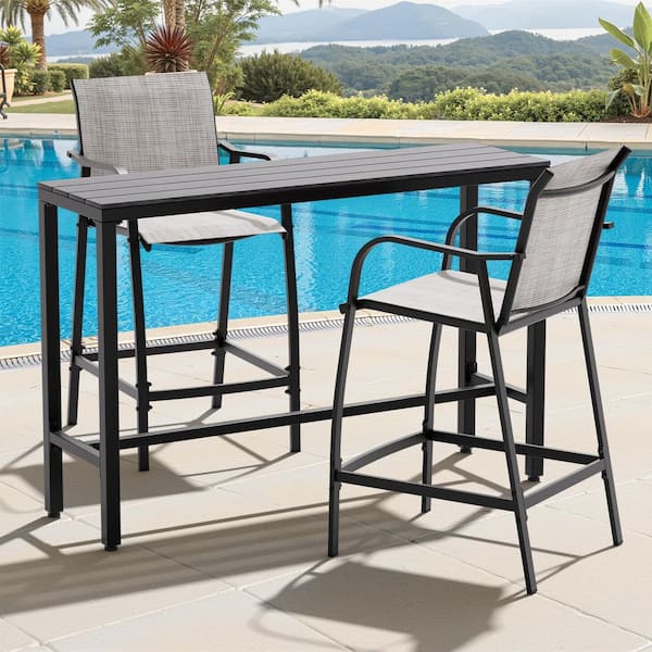 3-Piece Metal Outdoor Bistro Set Rectangular Table and 2 Stools with Gray Textilene Fabric Seat Backrest Bar Set for 2