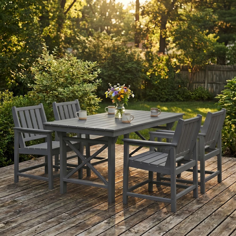 RUIZI Gray 5-Piece HDPE Plastic Patio Outdoor Dining Set with Arm