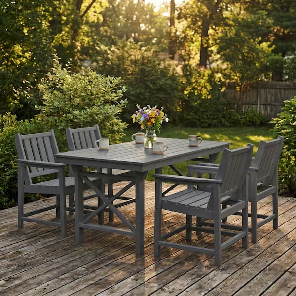 RUIZI Gray 5-Piece HDPE Plastic Patio Outdoor Dining Set with Arm