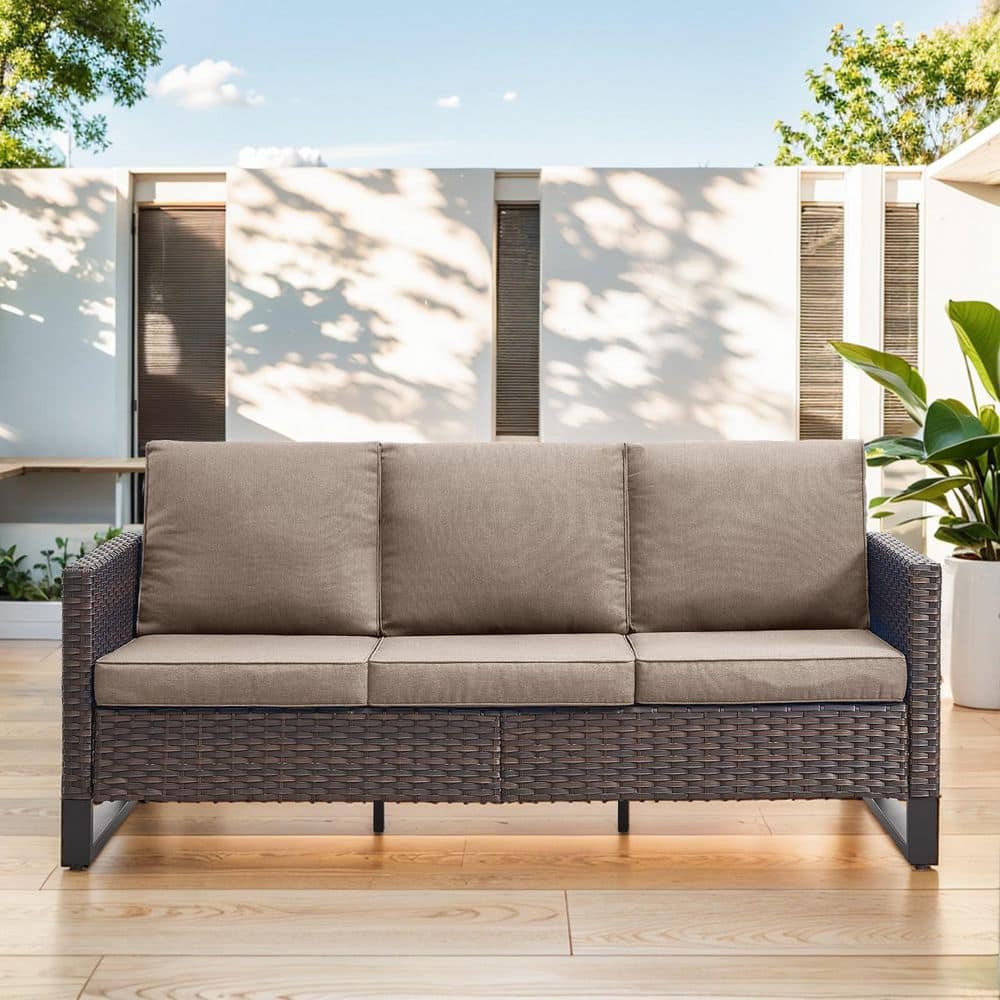 U-Frame 3-Seat Brown Wicker Outdoor Patio Couch with Gray Cushions price history on PriceWatchPro