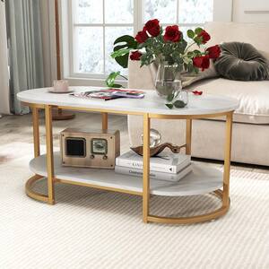 39 in. White Oval Marble Coffee Table Modern 2-Tier Center Table with Open Storage Shelf