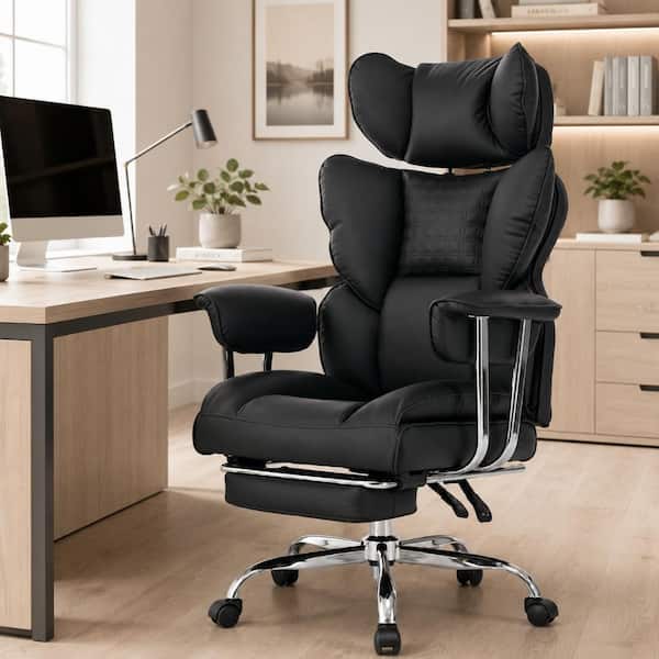 Large Ergonomic PU Leather Seat High Back Heavy Duty Reclining Office Executive Chair in Black with Fixed Arm & Footrest