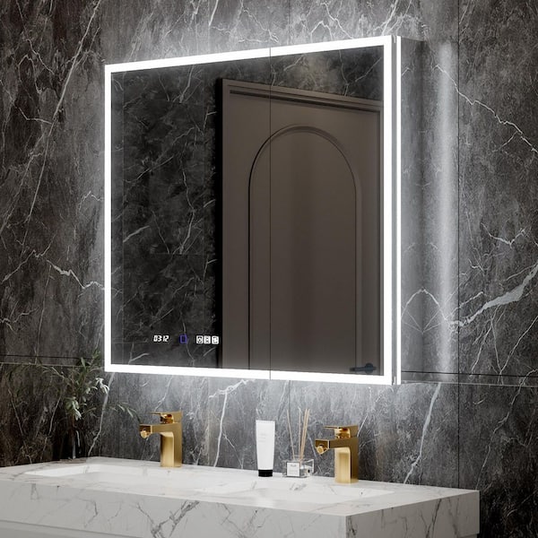 36 in. W x 32 in. H Rectangular Aluminum LED Light Surface/Recessed Medicine Cabinet with Mirror, Magnifying Mirror