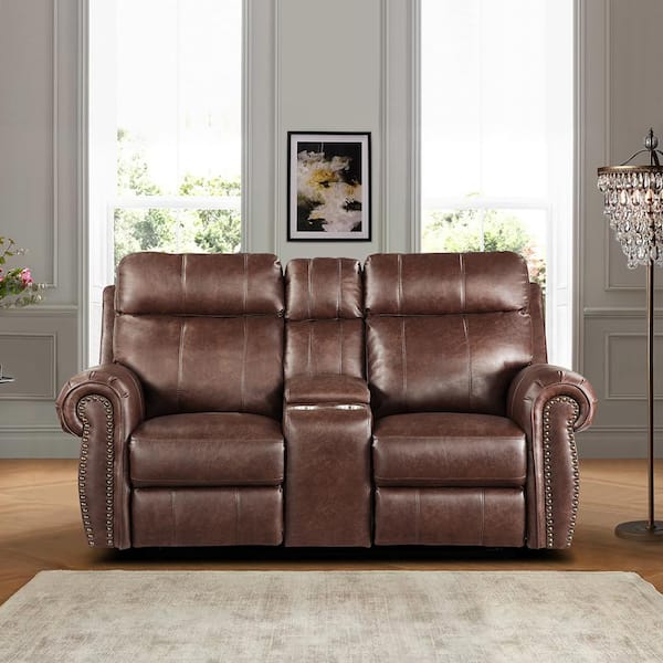 Lazzara Stader 74.5 in. W Brown Faux Leather Power Double Reclining Loveseat with Center Console 9488BR 2PW