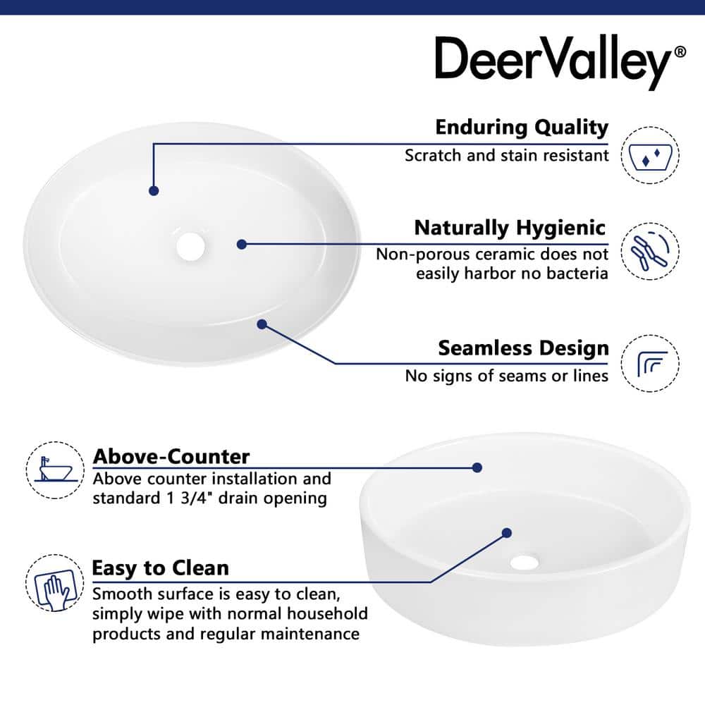 White Ceramic Oval Vessel Bathroom Sink, 19.7"
