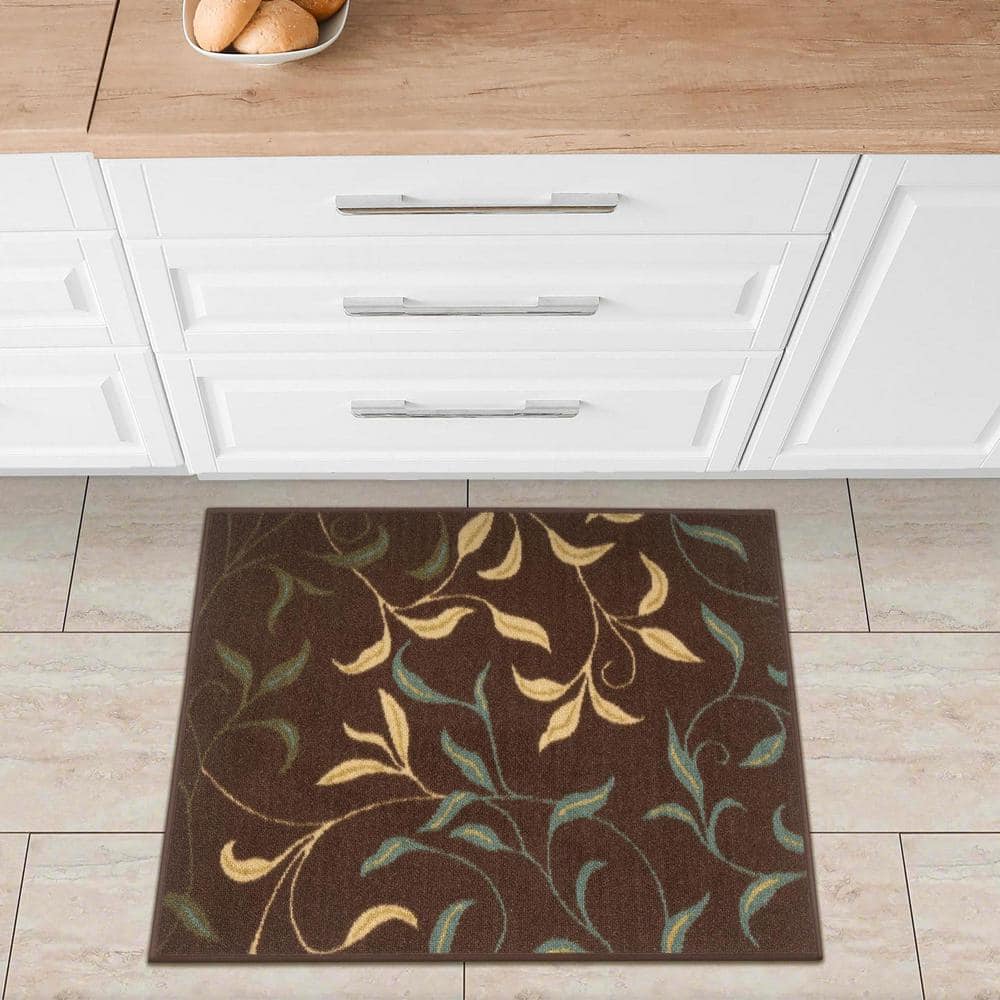 Brown Floral Leaves Non-Slip Washable Area Rug 2'3" x 3'
