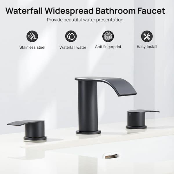8 in. Widespread Double-Handle Waterfall Spout Bathroom Vessel Sink Faucet with Pop Up Drain Kit in Matte Black