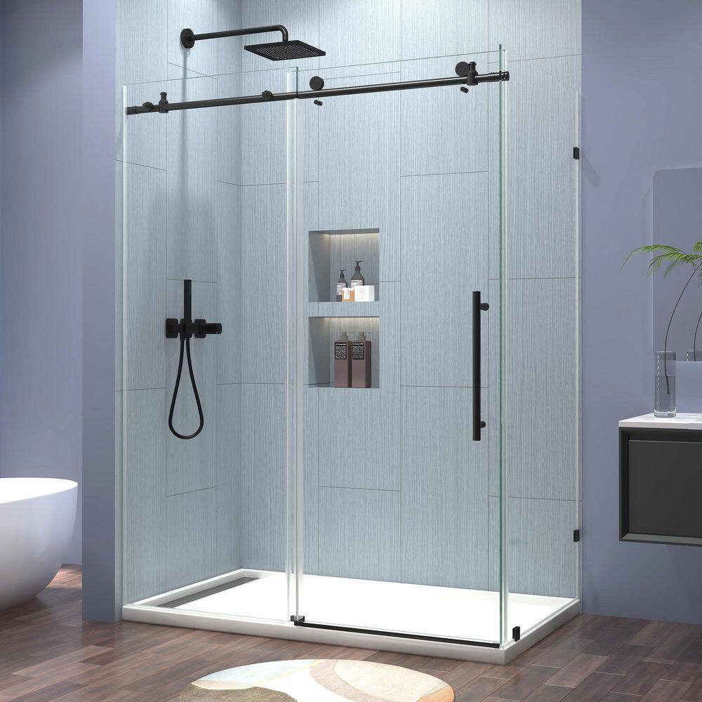 56-60 in. W x 34 in. D x 76 in. H Frameless Corner Sliding Shower Door Enclosure in Matte Black Clear Glass price history on PriceWatchPro
