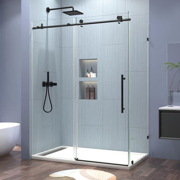 56-60 in. W x 36 in. D x 76 in. H Frameless Corner Sliding Shower Door Enclosure in Matte Black Clear Glass