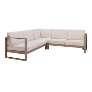 Sloane Natural Wood Outdoor 3-Piece Sectional Set with Beige Cushions