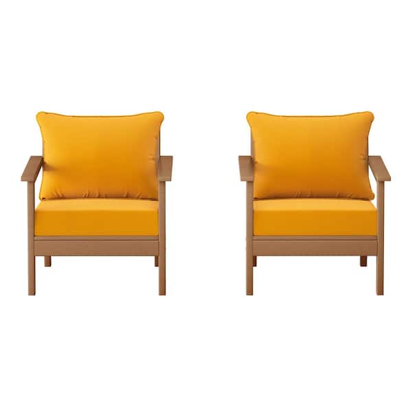 Birchwood Teak Outdoor Patio (Set of 2) Deep Seating HDPE Lounge Chairs w/ Yellow Cushions