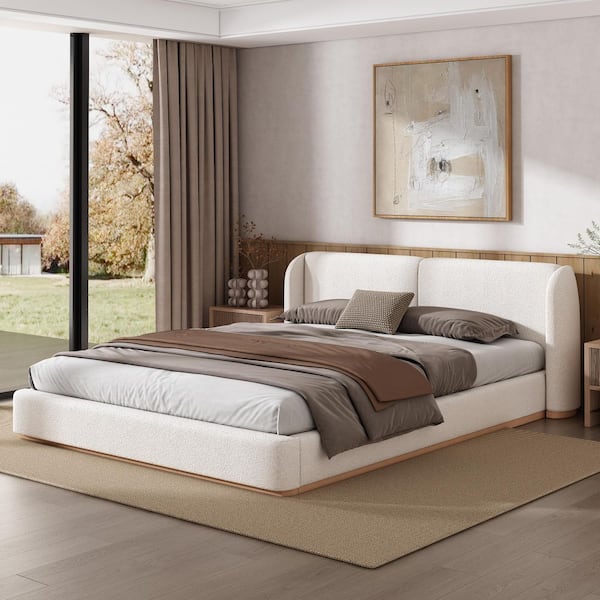 White Wood Frame Queen Size Boucle Upholstered Wingback Headboard Platform Bed with Solid Wood Base