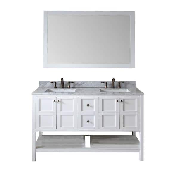 Virtu USA Winterfell 60 in. W Bath Vanity in White with Marble Vanity Top in White with Square Basin and Mirror