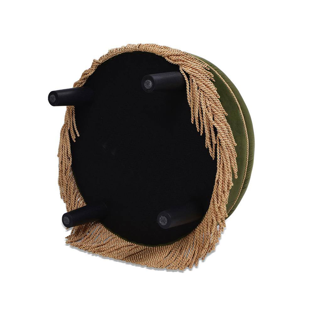 Olive Green Velvet Tufted Round Ottoman with Fringe