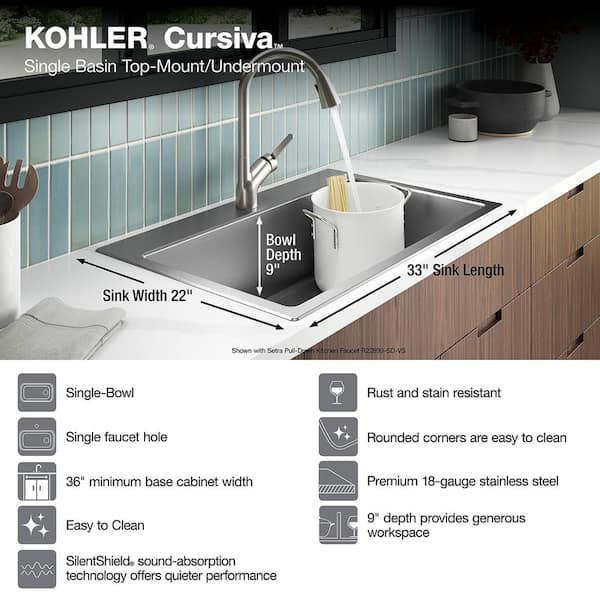 KOHLER Cursiva All-in-One Stainless Steel 33 in. Single Bowl Drop-In or  Undermount Kitchen Sink with Faucet K-RH28174-1PC-NA - The Home Depot