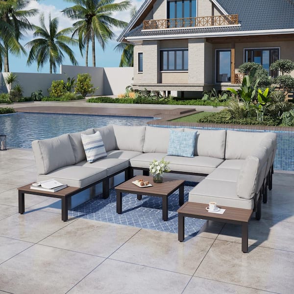 PHI VILLA Metal 8-Seat 8-Piece Outdoor Patio Conversation Set with Gray Cushions and Coffee Table
