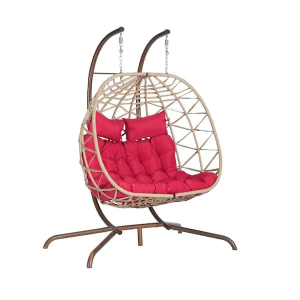 SereneVita Khaki Wicker Patio Swing Chair with Red Cushion, Wicker Rattan Patio Basket Egg Swing Chair with Stand and Cushion