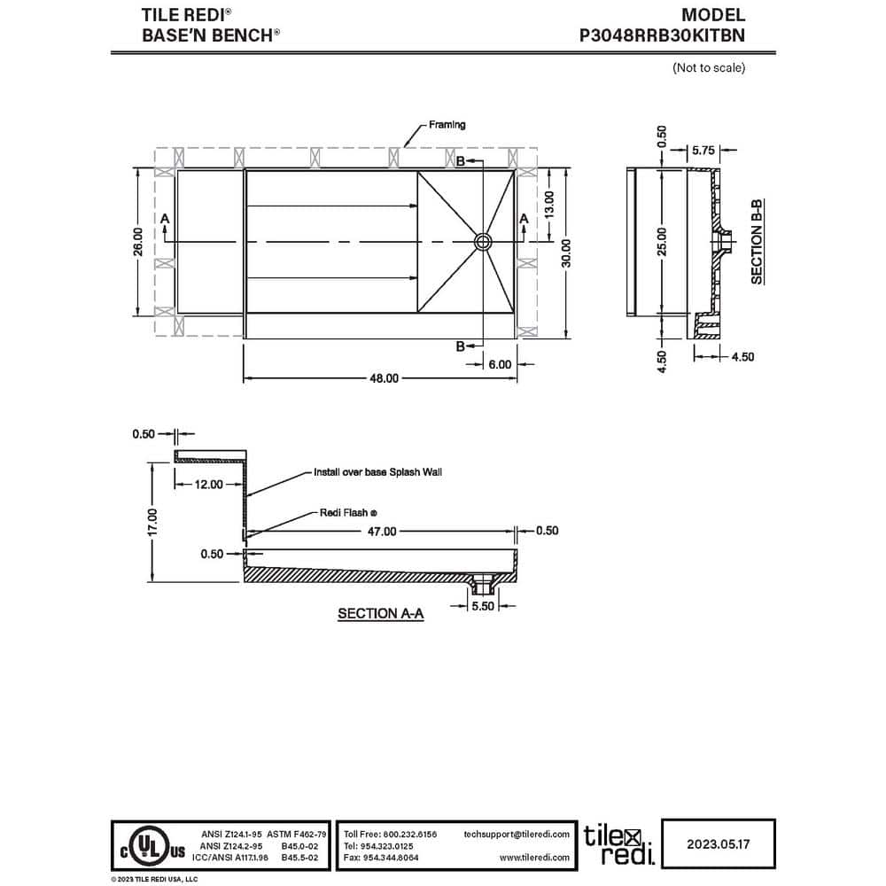 Beige 60" x 30" Shower Pan Base with Bench and Nickel Drain