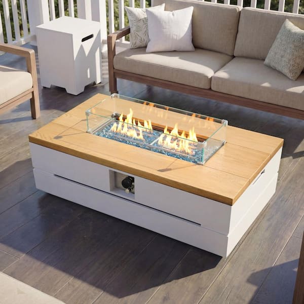 50-Inch Rectangular Concrete Propane Fire Pit Table with Tank Cover and Wind Guard,White