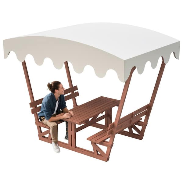 1-Piece Wood Patio Conversation Seating Set with Removable Canopy, Picnic Table and Bench, UV & All-Weather Protection