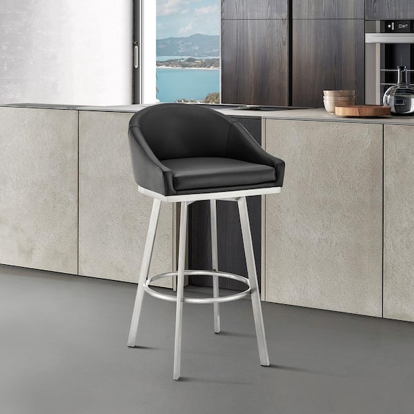 Armen Living Noran 38.5 in. Black/Brushed Stainless Steel 29.5 in. Bar Stool with Faux Leather Seat